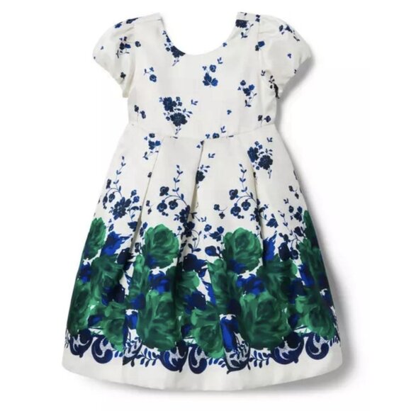 Janie & Jack Floral Dress Sz 3 Satin Ivory Blue & Green Formal Occasion Holiday - Picture 1 of 12